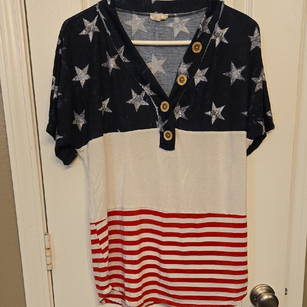 Women's Red, White & Blue Top with Star and Stripe Design